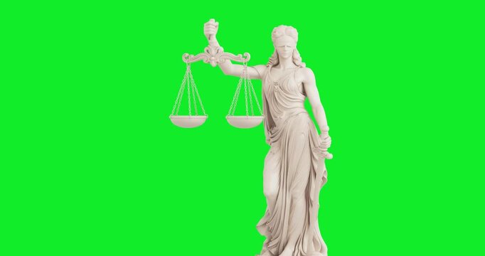 4k Resolution Video: Justice And Legal Authority Concept. Femida Statue With Blindfold, Scales And Sword In Classical Style Animated On Green Screen Chroma Key Background With Alpha Matte