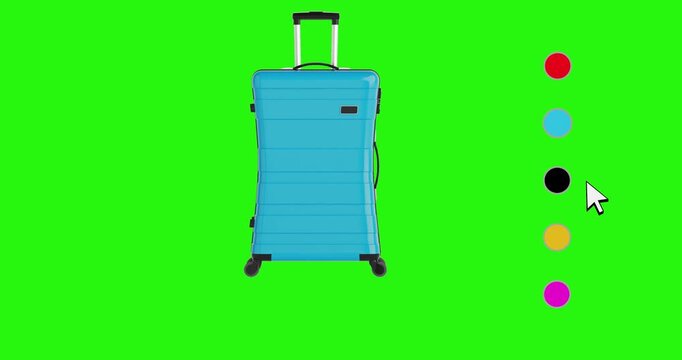 4k Resolution Video: Travel Customization Concept. Animated Cursor Selects A Color Option For Hardcase Suitcase With Telescopic Handle And Wheels On Green Screen Chroma Key Background With Alpha Matte