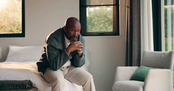 Bedroom, stress and black man with anxiety, worry or mental health for mortgage or loan in home. Sad, thinking and mature person with depression, burnout or crisis for bad news or fear of bankruptcy