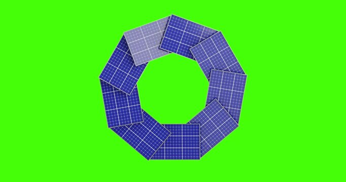 4k Resolution Video: Renewable Energy And Sustainability Concept With Solar Panels Arrangement. Circular Composition Of Blue Photovoltaic Panels Seamless Looped Rotating On Green Screen Chroma Key 