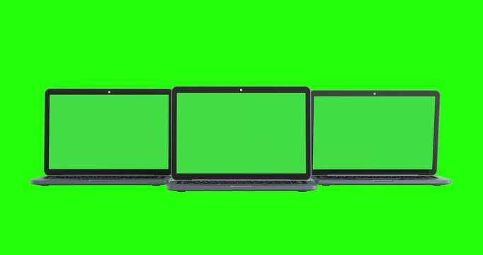 4k Resolution Video: Technology Mockup Concept For Multi Device Workspace. Three Modern Laptops With Green Screen Displays Animated On Green Screen Chroma Key Background With Alpha Matte