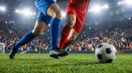 Naklejka premium Intense soccer match between two professional teams in stadium action-packed game thrilling atmosphere close-up view competitive spirit