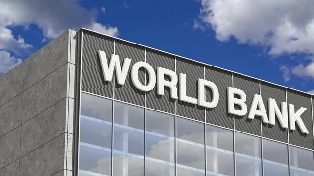 4k Resolution Video: Global Finance, Development And Economic Policy Concept. World Bank Building Facade With Glass Windows Against Animate Cloudy Sky Background