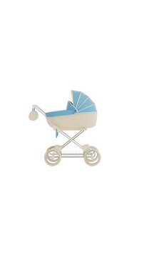 4k Resolution Vertical Video for Social Media: Infant Transport And Parenting Concept. Vintage Baby Stroller With Blue Canopy And Wicker Body Animated Moving on White Background With Alpha Matte