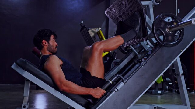 Focused fit man using leg press machine during intense gym workout building strong lower body muscle through heavy weight exercise pushing physical limit looking determined indoors