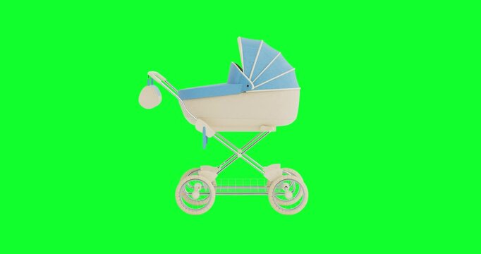 4k Resolution Video: Infant Transport And Parenting Concept. Vintage Baby Stroller With Blue Canopy And Wicker Body Animated Moving on Green Screen Chroma Key Background With Alpha Matte