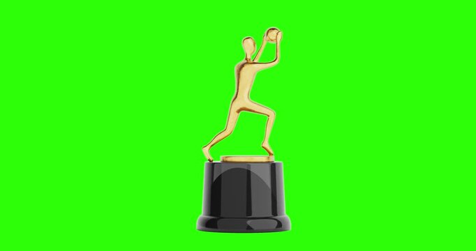 4k Resolution Video: Sport Victory Concept With Basketball Trophy Figure. Golden Athlete Jumping With Basketball Ball On Award Base And Seamless Looped Rotating On Green Screen Chroma Key 