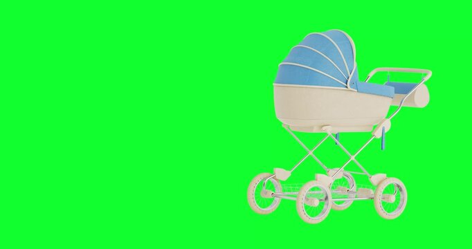 4k Resolution Video: Infant Care And Parenting Concept. Vintage Baby Stroller With Blue Canopy And Wicker Body Animated on Green Screen Chroma Key Background