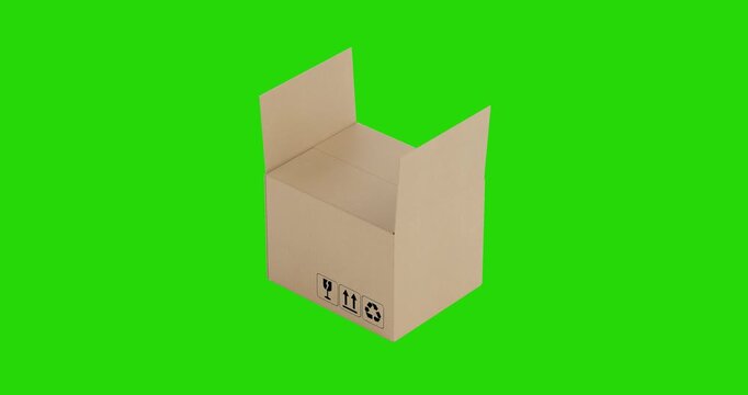 4k Resolution Video: Packaging And Shipping Concept With Cardboard Box. Blank Brown Carton Package With Handling Symbols Loop Closed Animated On Green Screen Chroma Key Background With Alpha Matte