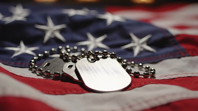 Military dog tags resting on a folded American flag, representating Independence Day, Memorial Day, Veteran's Day, 4th of July, or other patriotic USA holiday.