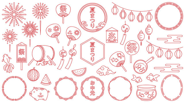 Japanese summer festival icons and red line motifs.
