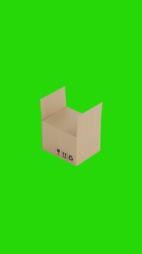 4k Resolution Vertical Video for Social Media: Packaging And Shipping Concept With Cardboard Box. Blank Brown Carton Package With Handling Symbols Loop Closed Animated On Green Screen Chroma Key 