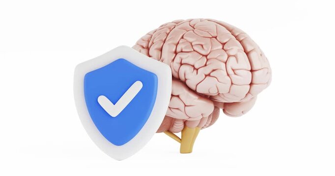 4k Resolution Video: Brain Security Concept. Human Brain With Blue Shield And Check Mark Animated On White Background With Alpha Matte