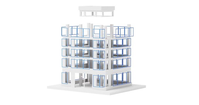 4k Resolution Video: Real Estate Development And Building Construction Progress Concept. Modern Office Building Construction Progress Animated On White Backgroun With Alpha Matte