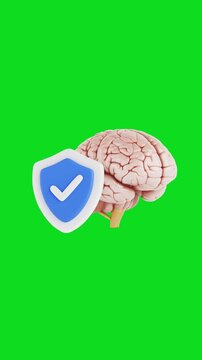 4k Resolution Vertical Video for Social Media: Brain Security Concept. Human Brain With Blue Shield And Check Mark Animated On Green Screen Chroma Key Background With Alpha Matte