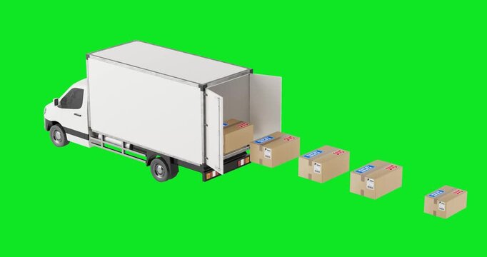 4k Resolution Video: Delivery And Logistics Service Concept With Cargo Truck And Cardboard Boxes. Open Transport Vehicle Seamless Loop Loading Parcels On Green Screen Chroma Key