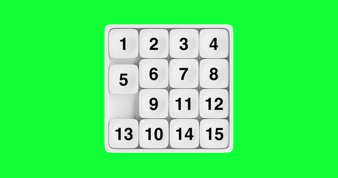 4k Resolution Video: Logic And Problem Solving Concept. Numeric Sliding Puzzle Board With Rearranged Tiles And One Empty Space Animated onGreen Screen Chroma Key Background With Alpha Matte