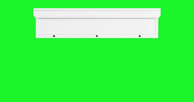 4k Resolution Video: Industrial Access And Security Concept. Minimal White Roller Garage Door Animated in Closed and Open Position On Green Screen Chroma Key Background With Alpha Matte