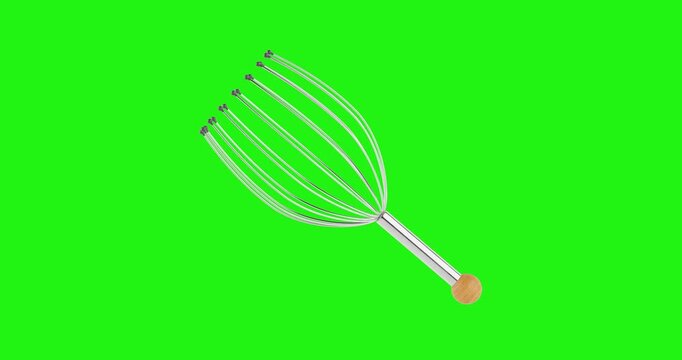 4k Resolution Video: Relaxation And Stress Relief Concept. Metal Head Massager Tool With Wooden Handle Seamless Looped Rotating On Green Screen Chroma Key Background With Alpha Matte