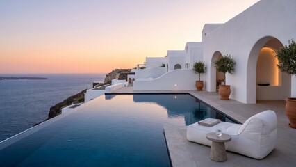 Fototapeta premium Luxury Santorini infinity pool with elegant white architecture overlooking the calm Aegean Sea. Minimal Mediterranean resort aesthetic with clean premium summer atmosphere.