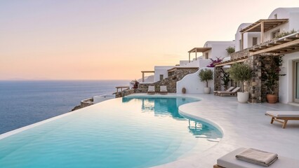 Fototapeta premium Luxury Santorini infinity pool with elegant white architecture overlooking the calm Aegean Sea. Minimal Mediterranean resort aesthetic with clean premium summer atmosphere.