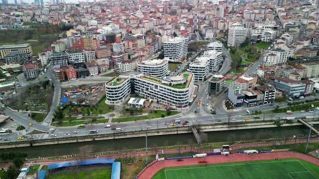 Turkey, Istanbul circa 2023: Dap Vadisi business center, drone circling shot
