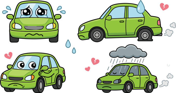 Cute Green Car Character Emotion Icon Set Showing Sadness Flat Tire and Broken Heart Feelings for Kawaii Stickers and Graphic Designs