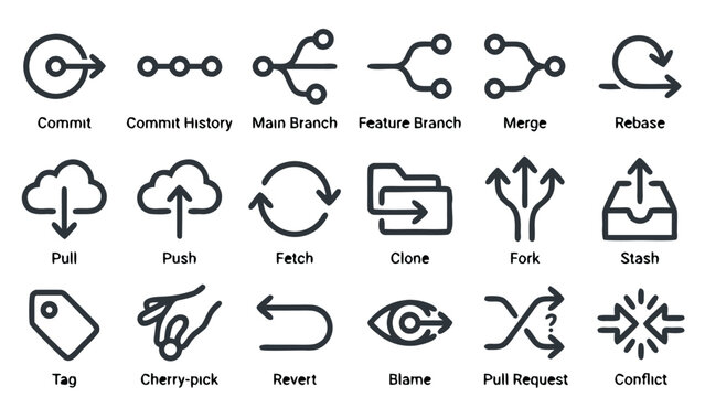 Vector Icon Set of 18 Version Control and Git Branching Symbols in a Consistent Minimalist Line Art Style, Including Commit, Merge, Pull Request, Fork, Rebase, Push, Pull, and Conflict Icons.