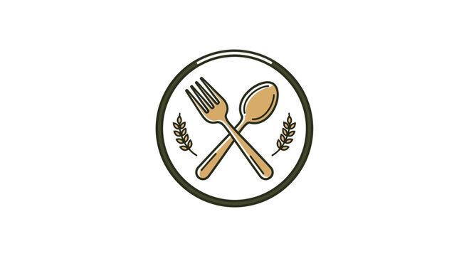 Elegant Dining Emblem: Minimalist Design Featuring Fork, Spoon, and Laurel Elements
