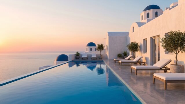Luxury Santorini infinity pool with elegant white architecture overlooking the calm Aegean Sea. Minimal Mediterranean resort aesthetic with clean premium summer atmosphere.