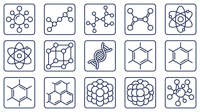 Set of chemistry icons with various atomic structures.