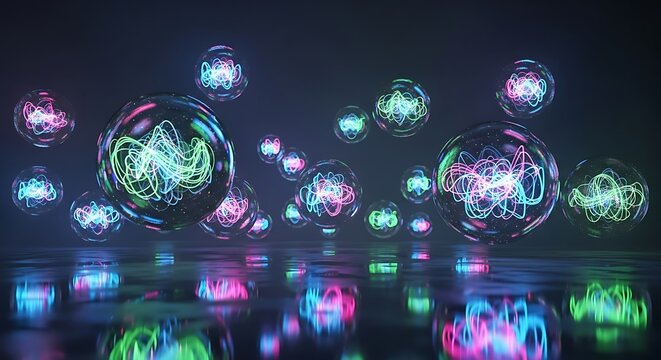 Vibrant neon glowing bubbles floating on water with colorful reflections at night