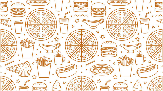 Fast food pattern with various snacks and beverages.
