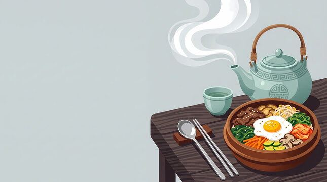 Flat vector illustration of a traditional Korean bibimbap bowl with a fried egg, vegetables, chopsticks, spoon, and a steaming teapot on a wooden table.