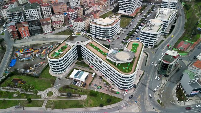Istanbul, Turkey circa 2023: Dap Vadisi business center, drone fly above shot
