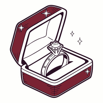 Open ring box with a diamond ring inside a detailed vector illustration with a red color scheme