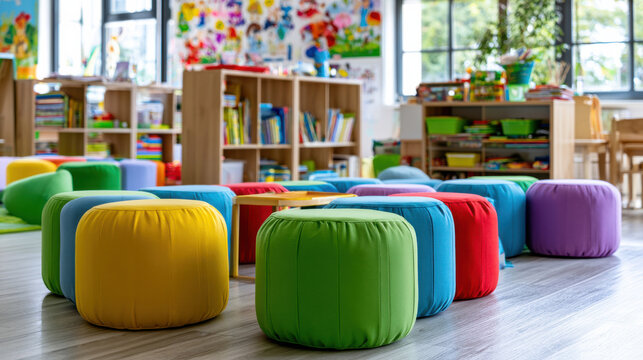 Colorful classroom interior elementary school library corner round cushion seat creative kids space playroom reading area bright education room fun learning joyful atmosphere modern preschool
