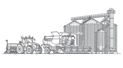 Modern Farm Machinery and Grain Silos Vector Illustration © TDF CREATIVE