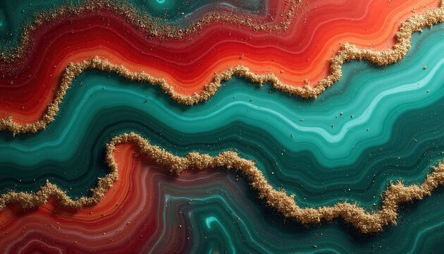Abstract marbling art with swirling red and teal colors. Golden glitter forms wavy borders between fluid layers. Luxurious texture background evokes richness and natural patterns.