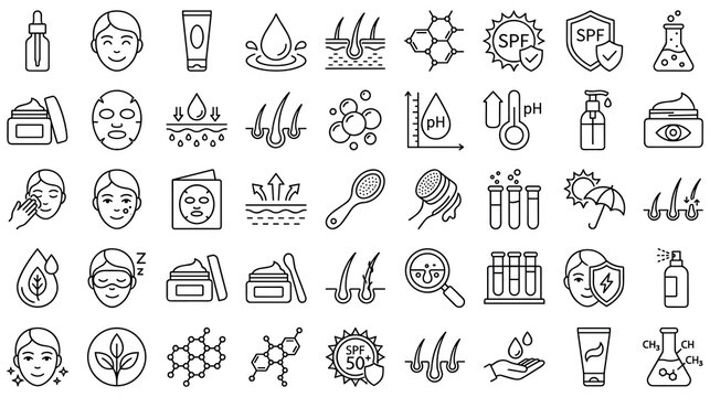 Set of skincare and beauty treatment line icons set.