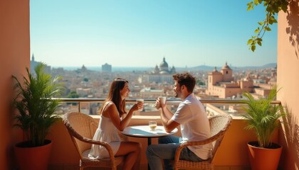 Fototapeta premium Couple enjoys coffee on balcony with city view. They talk and smile, sharing morning refreshment. Plants add greenery to the warm, sunny atmosphere of their leisure time.