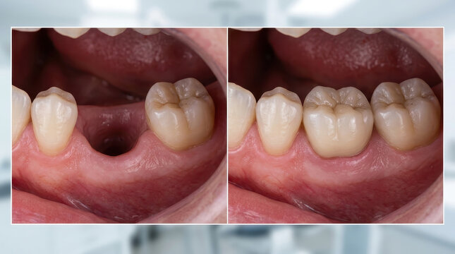 Broken tooth restoration before and after show dental implant filling gap with natural tooth replacement, highlighting effective restoration process and improved smile