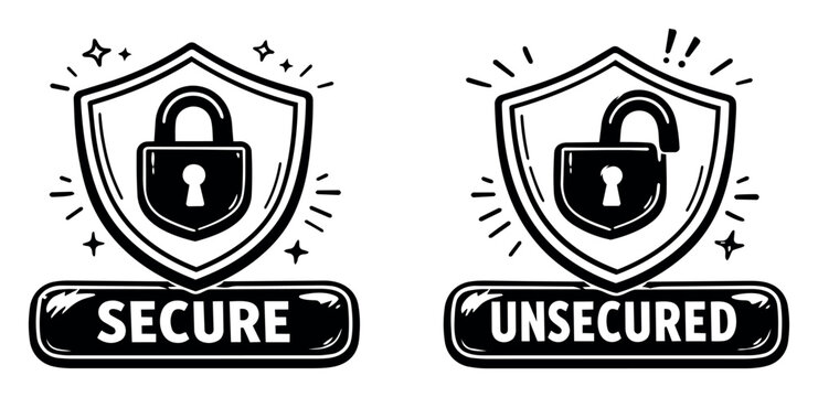Internet security concept presenting secure and unsecured status with shield and padlock symbols, showing digital protection and vulnerability
