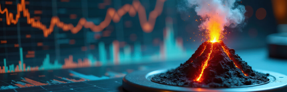 Model volcano erupts with lava flow against abstract data charts background. Science experiment depicts risk and growth. Abstract geological event in lab.
