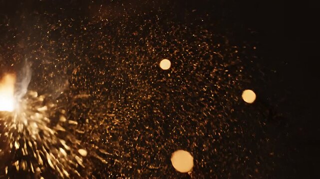 Bright Sparks Flying from Welding Torch in Dark Industrial Setting.