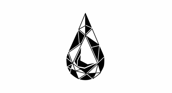 Modern geometric black water drop icon with abstract polygonal facets. Vector graphic design element on a white background.