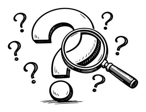 Large question mark with a magnifying glass symbolizing discovery, doubt, and finding solutions. Hand drawn doodle style
