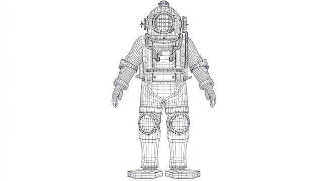 Wireframe 3 d illustration of a vintage diving suit against white background