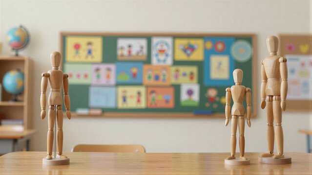 Wooden dolls stand on desk in bright colorful classroom setting.