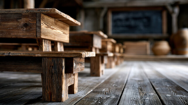 Rustic classroom interior wooden desk vintage bench old school wooden floor empty class chalkboard historic education aged timber country style nostalgia in quiet learning space